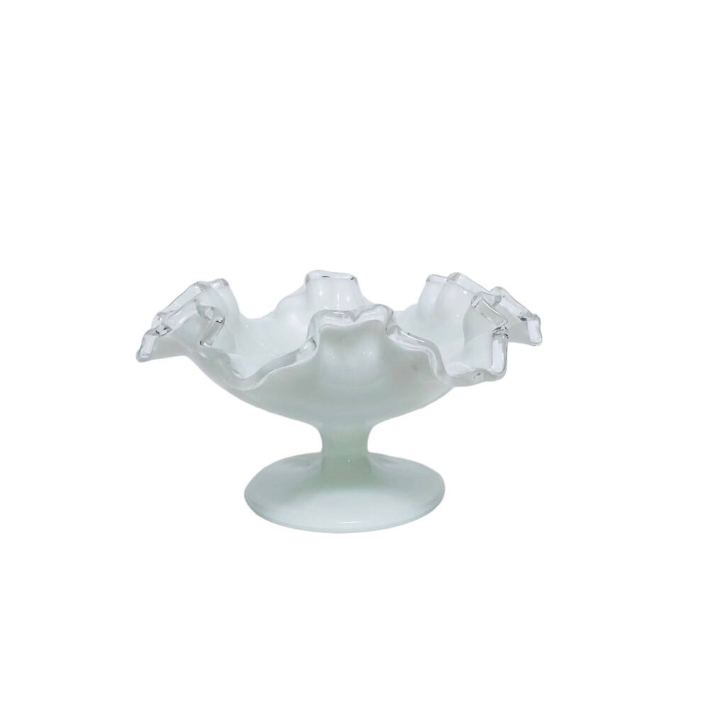 Vintage White Milk Clear Trim Ruffle Pedestal Bowl